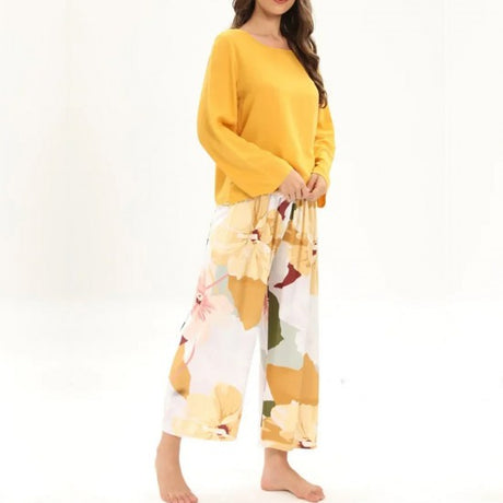 2Pcs Floral Printed Pajama Set - Solid Color Round Neck Long Sleeves Printed Trouser Sleepwear for Women Nightwear - Yellow