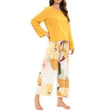 2Pcs Floral Printed Pajama Set - Solid Color Round Neck Long Sleeves Printed Trouser Sleepwear for Women Nightwear - Yellow