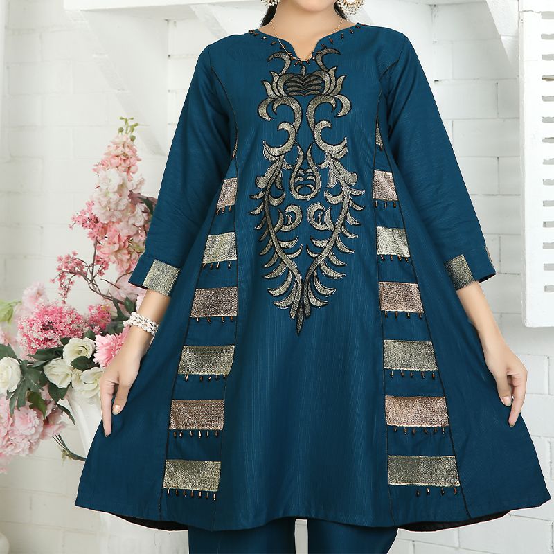 2 Piece Kurti Salwar Embroidery Set - Pure Cotton Collection Stylish Solid Color Light Weight Cotton Fabric Suit Top Bottom Salwar Kameez Indian Pakistani Embroidered Suit For Event Party Outdoor Dress - Dark Blue - Shop N Save
