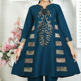 2 Piece Kurti Salwar Embroidery Set - Pure Cotton Collection Stylish Solid Color Light Weight Cotton Fabric Suit Top Bottom Salwar Kameez Indian Pakistani Embroidered Suit For Event Party Outdoor Dress - Dark Blue - Shop N Save