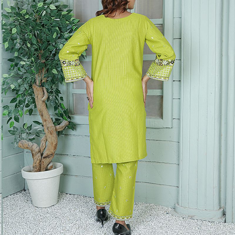 2 Piece Kurti Salwar Embroidery Set - Pure Cotton Collection Stylish Solid Color Light Weight Cotton Fabric Suit Top Bottom Salwar Kameez Indian Pakistani Embroidered Suit For Event Party Outdoor Dress - Green - Shop N Save