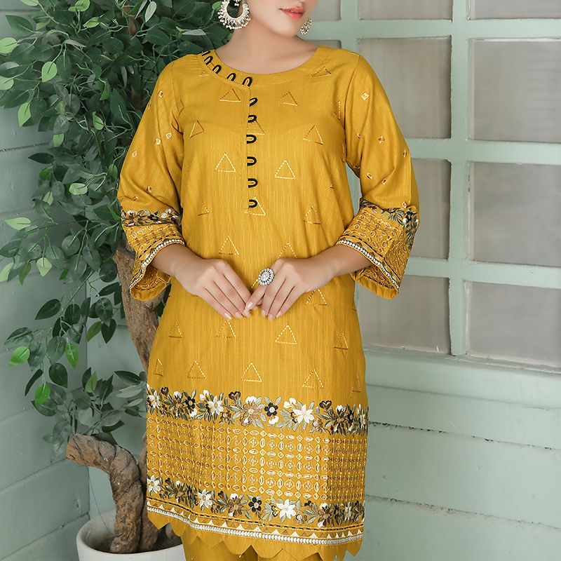 2 Piece Kurti Salwar Embroidery Set - Pure Cotton Collection Stylish Solid Color Light Weight Cotton Fabric Suit Top Bottom Salwar Kameez Indian Pakistani Embroidered Suit For Event Party Outdoor Dress - Golden - Shop N Save