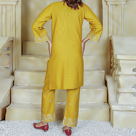 2 Piece Kurti Salwar Embroidery Set - Pure Cotton Collection Stylish Solid Color Light Weight Cotton Fabric Suit Top Bottom Salwar Kameez Indian Pakistani Embroidered Suit For Event Party Outdoor Dress - Yellow - Shop N Save
