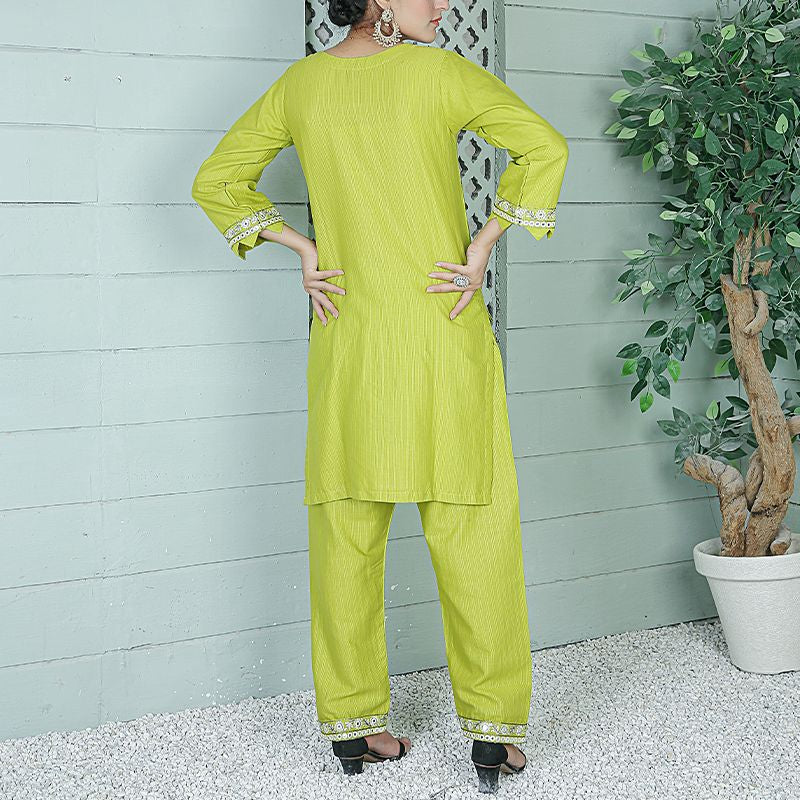 2 Piece Kurti Salwar Embroidery Set - Pure Cotton Collection Stylish Solid Color Light Weight Cotton Fabric Suit Top Bottom Salwar Kameez Indian Pakistani Embroidered Suit For Event Party Outdoor Dress - Green - Shop N Save