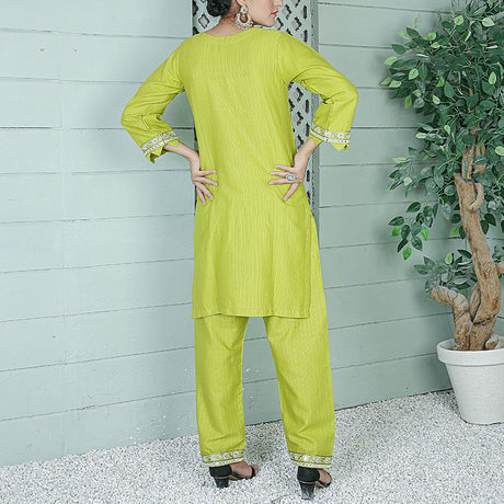 2 Piece Kurti Salwar Embroidery Set - Pure Cotton Collection Stylish Solid Color Light Weight Cotton Fabric Suit Top Bottom Salwar Kameez Indian Pakistani Embroidered Suit For Event Party Outdoor Dress - Green - Shop N Save