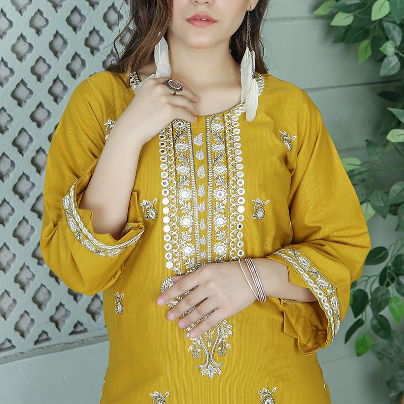 2 Piece Kurti Salwar Embroidery Set - Pure Cotton Collection Stylish Solid Color Light Weight Cotton Fabric Suit Top Bottom Salwar Kameez Indian Pakistani Embroidered Suit For Event Party Outdoor Dress - Yellow - Shop N Save