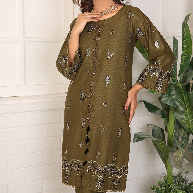 2 Piece Kurti Salwar Embroidery Set - Pure Cotton Collection Stylish Solid Color Light Weight Cotton Fabric Suit Top Bottom Salwar Kameez Indian Pakistani Embroidered Suit For Event Party Outdoor Dress - Dark Green - Shop N Save