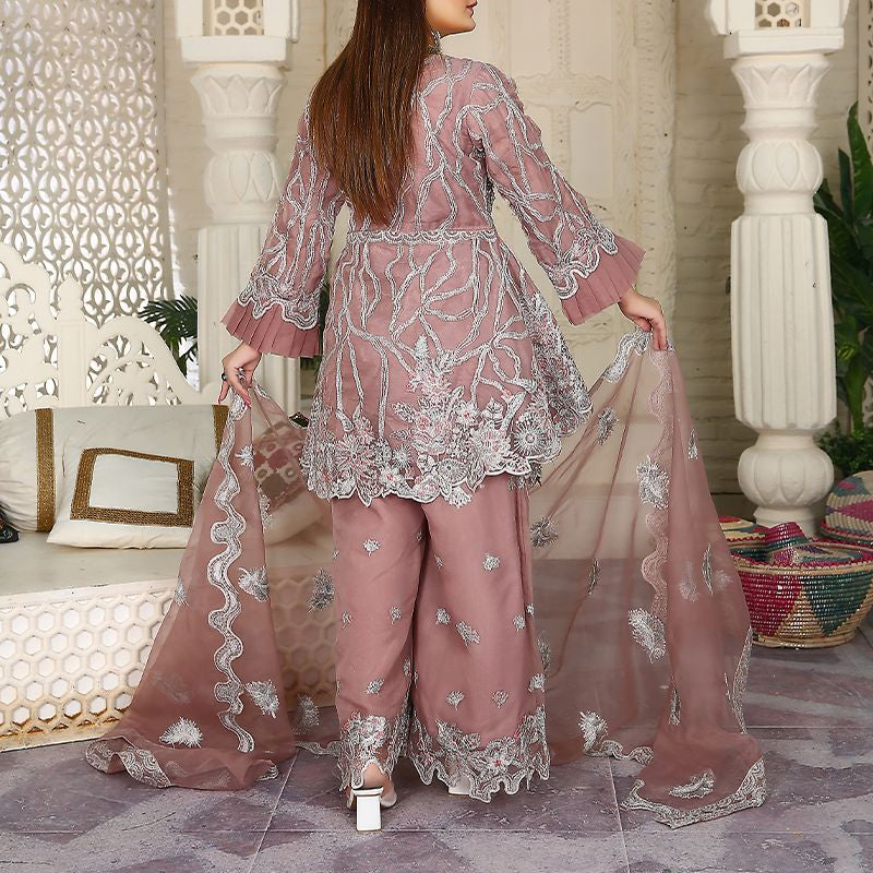 Piece Fancy Embroidery Dress - Stylish Light Weight Chiffon Organza Fabric Suit Indian Pakistani Fancy Embroidered Dress For Events Party Outdoor Dress - Dark Pink - Shop N Save
