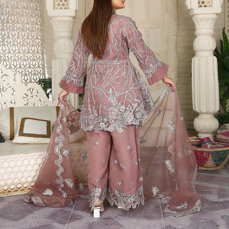 Piece Fancy Embroidery Dress - Stylish Light Weight Chiffon Organza Fabric Suit Indian Pakistani Fancy Embroidered Dress For Events Party Outdoor Dress - Dark Pink - Shop N Save