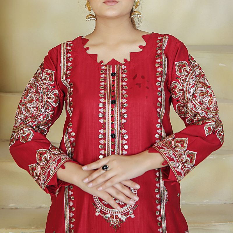 2 Piece Kurti Salwar Embroidery Set - Pure Cotton Collection Stylish Solid Color Light Weight Cotton Fabric Suit Top Bottom Salwar Kameez Indian Pakistani Embroidered Suit For Event Party Outdoor Dress - Maroon - Shop N Save