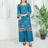 2 Piece Kurti Salwar Embroidery Set - Pure Cotton Collection Stylish Solid Color Light Weight Cotton Fabric Suit Top Bottom Salwar Kameez Indian Pakistani Embroidered Suit For Event Party Outdoor Dress - Dark Blue - Shop N Save
