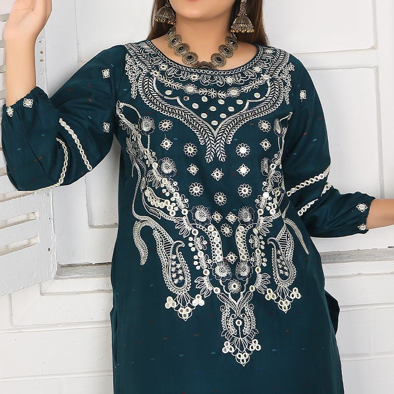 2 Piece Kurti Salwar Embroidery Set - Pure Cotton Collection Stylish Solid Color Light Weight Cotton Fabric Suit Top Bottom Salwar Kameez Indian Pakistani Embroidered Suit For Event Party Outdoor Dress - Dark Blue - Shop N Save