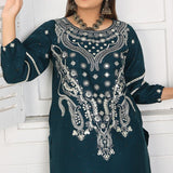 2 Piece Kurti Salwar Embroidery Set - Pure Cotton Collection Stylish Solid Color Light Weight Cotton Fabric Suit Top Bottom Salwar Kameez Indian Pakistani Embroidered Suit For Event Party Outdoor Dress - Dark Blue - Shop N Save