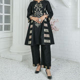 2 Piece Kurti Salwar Embroidery Set - Pure Cotton Collection Stylish Solid Color Light Weight Cotton Fabric Suit Top Bottom Salwar Kameez Indian Pakistani Embroidered Suit For Event Party Outdoor Dress - Black - Shop N Save
