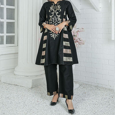 2 Piece Kurti Salwar Embroidery Set - Pure Cotton Collection Stylish Solid Color Light Weight Cotton Fabric Suit Top Bottom Salwar Kameez Indian Pakistani Embroidered Suit For Event Party Outdoor Dress - Black - Shop N Save