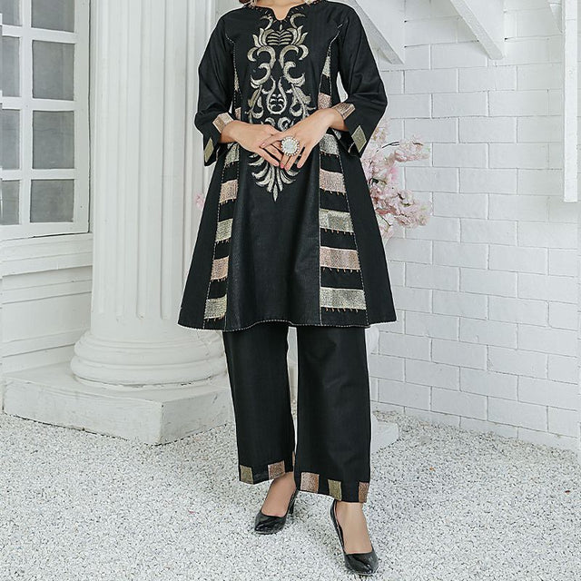 2 Piece Kurti Salwar Embroidery Set - Pure Cotton Collection Stylish Solid Color Light Weight Cotton Fabric Suit Top Bottom Salwar Kameez Indian Pakistani Embroidered Suit For Event Party Outdoor Dress - Black - Shop N Save