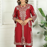2 Piece Kurti Salwar Embroidery Set - Pure Cotton Collection Stylish Solid Color Light Weight Cotton Fabric Suit Top Bottom Salwar Kameez Indian Pakistani Embroidered Suit For Event Party Outdoor Dress - Maroon - Shop N Save