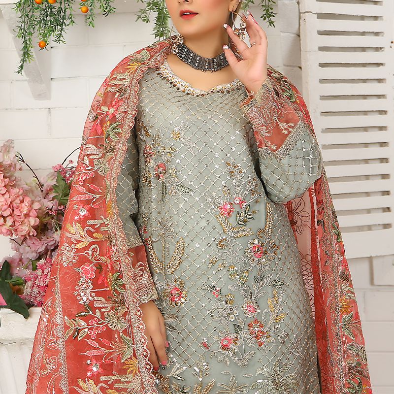 3 Piece Fancy Embroidery Dress - Stylish Light Weight Chiffon Organza Fabric Suit Indian Pakistani Fancy Embroidered Dress For Events Party Outdoor Dress - Green - Shop N Save