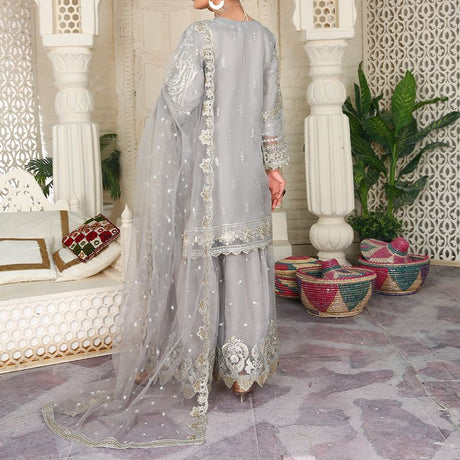3 Piece Fancy Embroidery Dress - Stylish Light Weight Chiffon Organza Fabric Suit Indian Pakistani Fancy Embroidered Dress For Events Party Outdoor Dress - Gray - Shop N Save