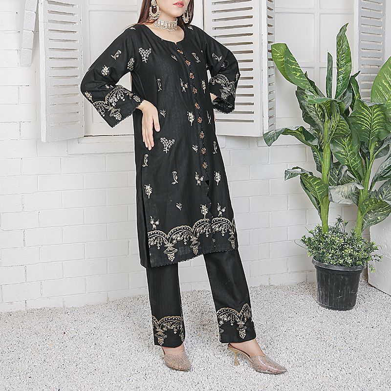 2 Piece Kurti Salwar Embroidery Set - Pure Cotton Collection Stylish Solid Color Light Weight Cotton Fabric Suit Top Bottom Salwar Kameez Indian Pakistani Embroidered Suit For Event Party Outdoor Dress - Black - Shop N Save