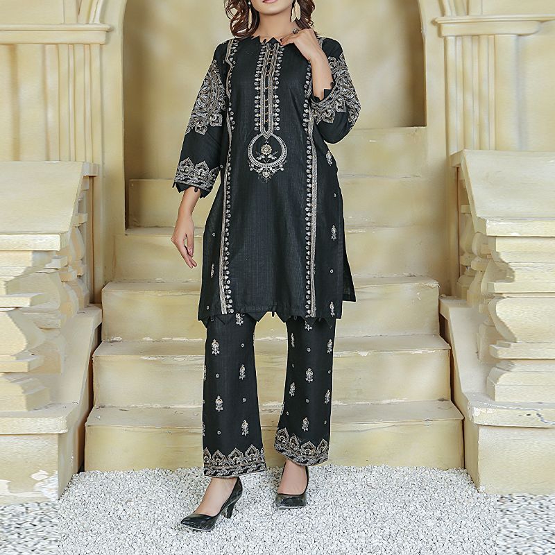 2 Piece Kurti Salwar Embroidery Set - Pure Cotton Collection Stylish Solid Color Light Weight Cotton Fabric Suit Top Bottom Salwar Kameez Indian Pakistani Embroidered Suit For Event Party Outdoor Dress - Black - Shop N Save