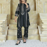 2 Piece Kurti Salwar Embroidery Set - Pure Cotton Collection Stylish Solid Color Light Weight Cotton Fabric Suit Top Bottom Salwar Kameez Indian Pakistani Embroidered Suit For Event Party Outdoor Dress - Black - Shop N Save