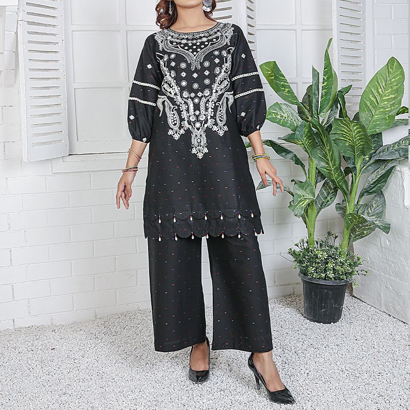 2 Piece Kurti Salwar Embroidery Set - Pure Cotton Collection Stylish Solid Color Light Weight Cotton Fabric Suit Top Bottom Salwar Kameez Indian Pakistani Embroidered Suit For Event Party Outdoor Dress - Black - Shop N Save