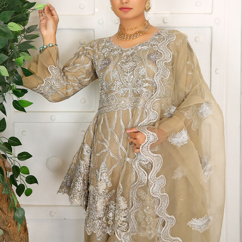3 Piece Fancy Embroidery Dress - Stylish Light Weight Chiffon Organza Fabric Suit Indian Pakistani Fancy Embroidered Dress For Events Party Outdoor Dress - Khaki - Shop N Save