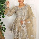 3 Piece Fancy Embroidery Dress - Stylish Light Weight Chiffon Organza Fabric Suit Indian Pakistani Fancy Embroidered Dress For Events Party Outdoor Dress - Khaki - Shop N Save
