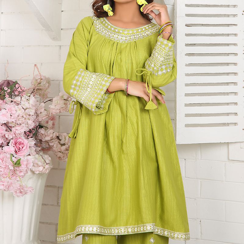 2 Piece Kurti Salwar Embroidery Set - Pure Cotton Collection Stylish Solid Color Light Weight Cotton Fabric Suit Top Bottom Salwar Kameez Indian Pakistani Embroidered Suit For Event Party Outdoor Dress - Green - Shop N Save