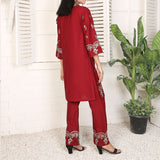 2 Piece Kurti Salwar Embroidery Set - Pure Cotton Collection Stylish Solid Color Light Weight Cotton Fabric Suit Top Bottom Salwar Kameez Indian Pakistani Embroidered Suit For Event Party Outdoor Dress - Maroon - Shop N Save