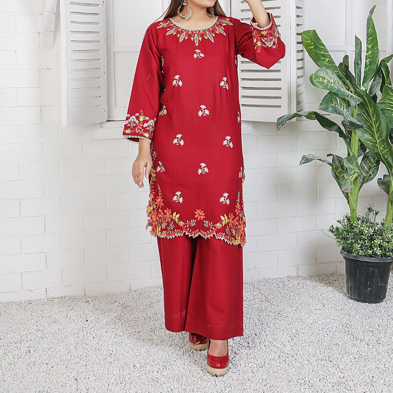 2 Piece Kurti Salwar Embroidery Set - Pure Cotton Collection Stylish Solid Color Light Weight Cotton Fabric Suit Top Bottom Salwar Kameez Indian Pakistani Embroidered Suit For Event Party Outdoor Dress - Maroon - Shop N Save