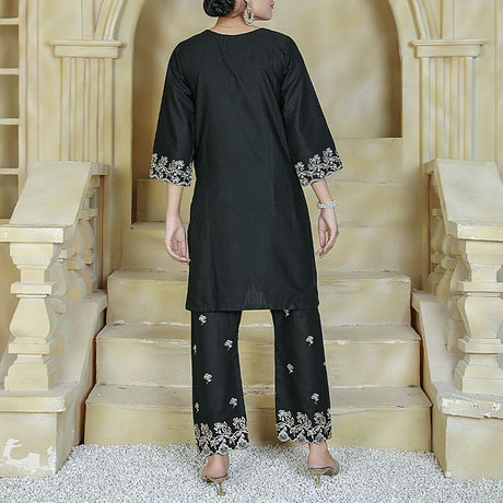 2 Piece Kurti Salwar Embroidery Set - Pure Cotton Collection Stylish Solid Color Light Weight Cotton Fabric Suit Top Bottom Salwar Kameez Indian Pakistani Embroidered Suit For Event Party Outdoor Dress - Black - Shop N Save