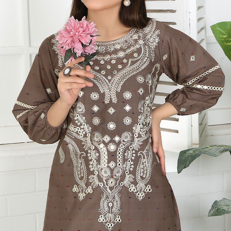 2 Piece Kurti Salwar Embroidery Set - Pure Cotton Collection Stylish Solid Color Light Weight Cotton Fabric Suit Top Bottom Salwar Kameez Indian Pakistani Embroidered Suit For Event Party Outdoor Dress - Khaki - Shop N Save