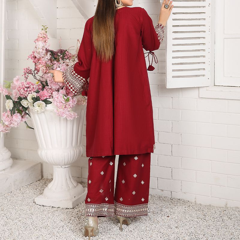 2 Piece Kurti Salwar Embroidery Set - Pure Cotton Collection Stylish Solid Color Light Weight Cotton Fabric Suit Top Bottom Salwar Kameez Indian Pakistani Embroidered Suit For Event Party Outdoor Dress - Maroon - Shop N Save