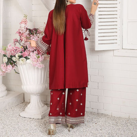 2 Piece Kurti Salwar Embroidery Set - Pure Cotton Collection Stylish Solid Color Light Weight Cotton Fabric Suit Top Bottom Salwar Kameez Indian Pakistani Embroidered Suit For Event Party Outdoor Dress - Maroon - Shop N Save