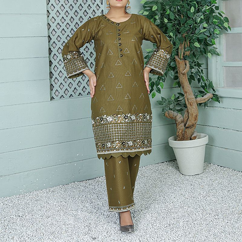 2 Piece Kurti Salwar Embroidery Set - Pure Cotton Collection Stylish Solid Color Light Weight Cotton Fabric Suit Top Bottom Salwar Kameez Indian Pakistani Embroidered Suit For Event Party Outdoor Dress - Dark Green - Shop N Save