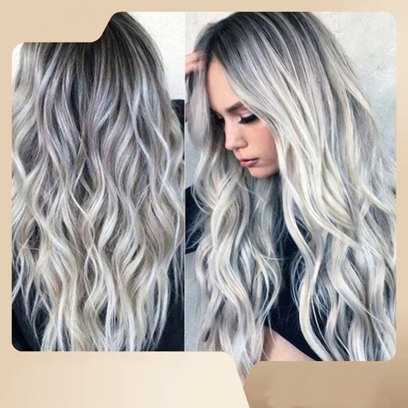 Wavy Long Hair Wig - Black &amp; Gray Gradient T-Color European Fashion Headgear