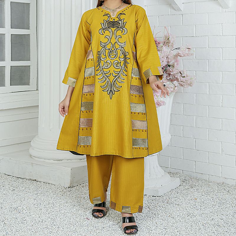 2 Piece Kurti Salwar Embroidery Set - Pure Cotton Collection Stylish Solid Color Light Weight Cotton Fabric Suit Top Bottom Salwar Kameez Indian Pakistani Embroidered Suit For Event Party Outdoor Dress - Golden - Shop N Save