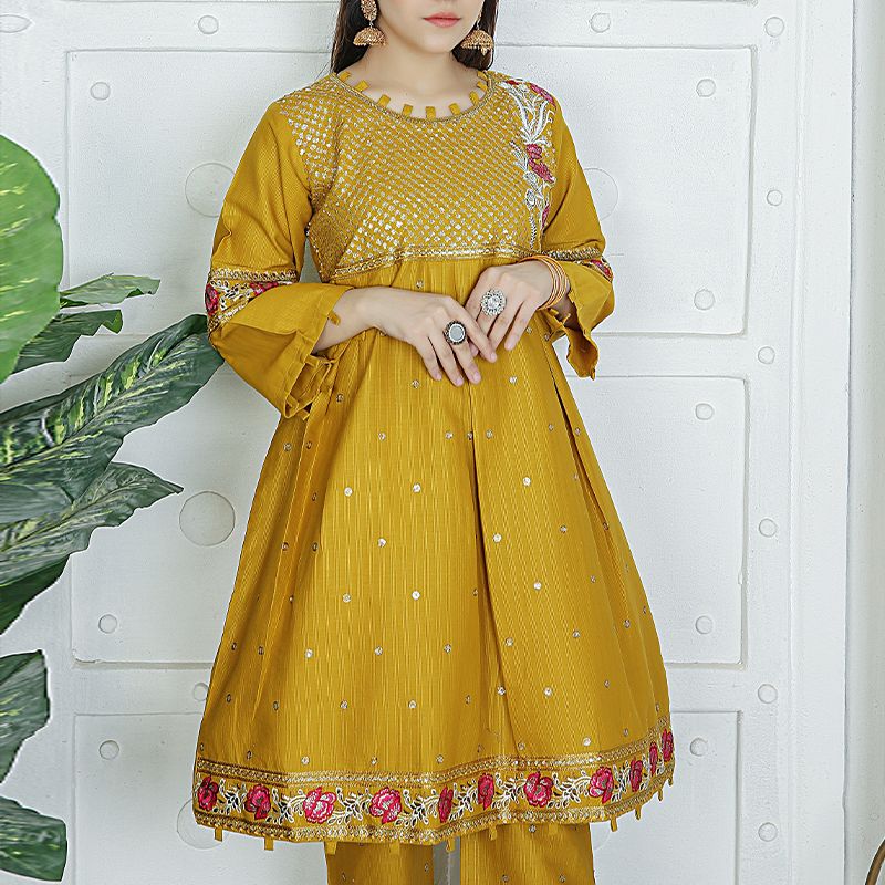 2 Piece Kurti Salwar Embroidery Set - Pure Cotton Collection Stylish Solid Color Light Weight Cotton Fabric Suit Top Bottom Salwar Kameez Indian Pakistani Embroidered Suit For Event Party Outdoor Dress - Golden - Shop N Save