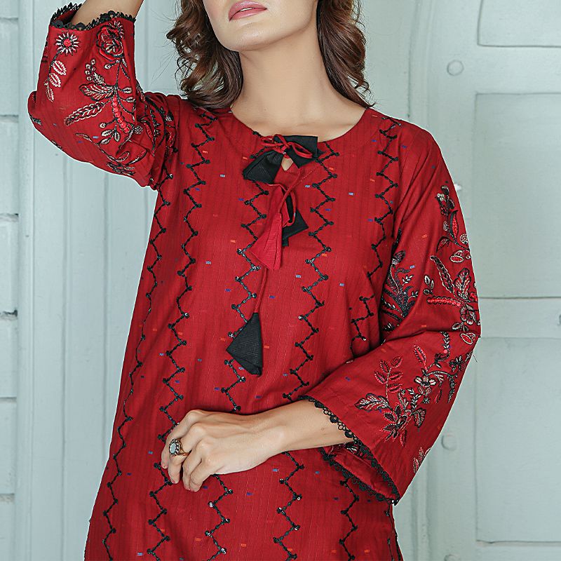 2 Piece Kurti Salwar Embroidery Set - Pure Cotton Collection Stylish Solid Color Light Weight Cotton Fabric Suit Top Bottom Salwar Kameez Indian Pakistani Embroidered Suit For Event Party Outdoor Dress - Maroon - Shop N Save