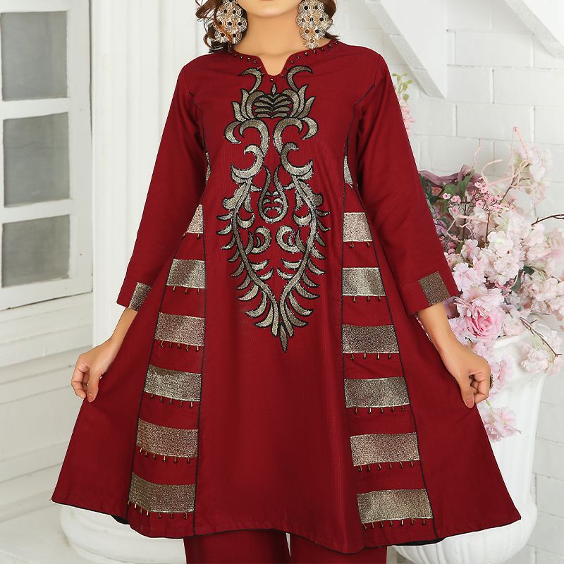 2 Piece Kurti Salwar Embroidery Set - Pure Cotton Collection Stylish Solid Color Light Weight Cotton Fabric Suit Top Bottom Salwar Kameez Indian Pakistani Embroidered Suit For Event Party Outdoor Dress - Maroon - Shop N Save