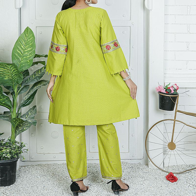 2 Piece Kurti Salwar Embroidery Set - Pure Cotton Collection Stylish Solid Color Light Weight Cotton Fabric Suit Top Bottom Salwar Kameez Indian Pakistani Embroidered Suit For Event Party Outdoor Dress - Green - Shop N Save