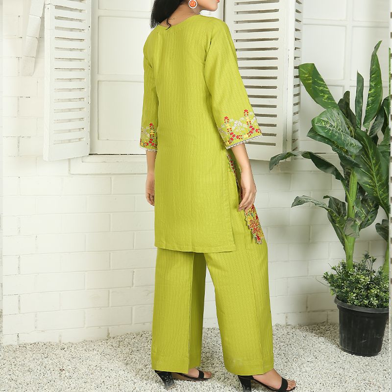 2 Piece Kurti Salwar Embroidery Set - Pure Cotton Collection Stylish Solid Color Light Weight Cotton Fabric Suit Top Bottom Salwar Kameez Indian Pakistani Embroidered Suit For Event Party Outdoor Dress - Green - Shop N Save
