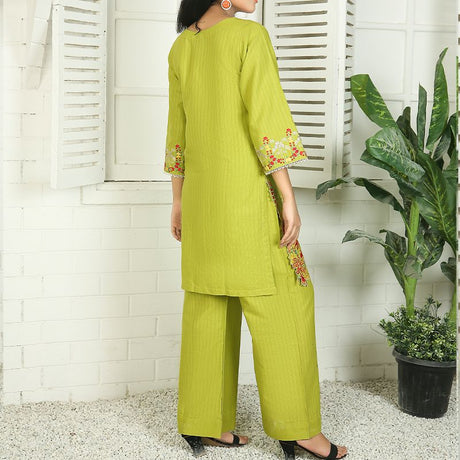 2 Piece Kurti Salwar Embroidery Set - Pure Cotton Collection Stylish Solid Color Light Weight Cotton Fabric Suit Top Bottom Salwar Kameez Indian Pakistani Embroidered Suit For Event Party Outdoor Dress - Green - Shop N Save