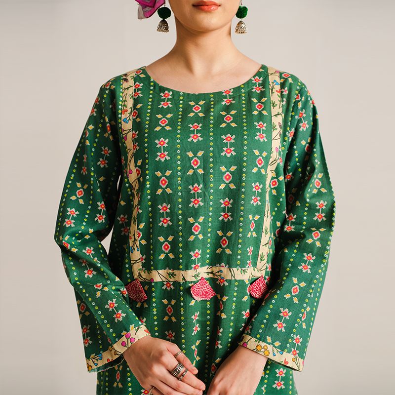 2 Piece Digital Print Kurti Salwar Set - Pure Cotton Collection Stylish Light Weight Cotton Fabric Suit Top Bottom Salwar Kameez Indian Pakistani Printed Suit For Casual Outdoor Dress - Dark Green - Shop N Save