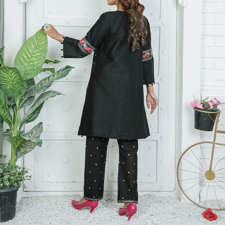 2 Piece Kurti Salwar Embroidery Set - Pure Cotton Collection Stylish Solid Color Light Weight Cotton Fabric Suit Top Bottom Salwar Kameez Indian Pakistani Embroidered Suit For Event Party Outdoor Dress - Black - Shop N Save