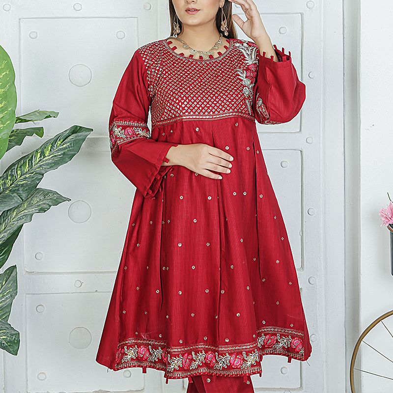 2 Piece Kurti Salwar Embroidery Set - Pure Cotton Collection Stylish Solid Color Light Weight Cotton Fabric Suit Top Bottom Salwar Kameez Indian Pakistani Embroidered Suit For Event Party Outdoor Dress - Maroon - Shop N Save