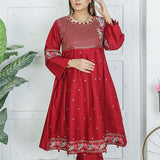 2 Piece Kurti Salwar Embroidery Set - Pure Cotton Collection Stylish Solid Color Light Weight Cotton Fabric Suit Top Bottom Salwar Kameez Indian Pakistani Embroidered Suit For Event Party Outdoor Dress - Maroon - Shop N Save