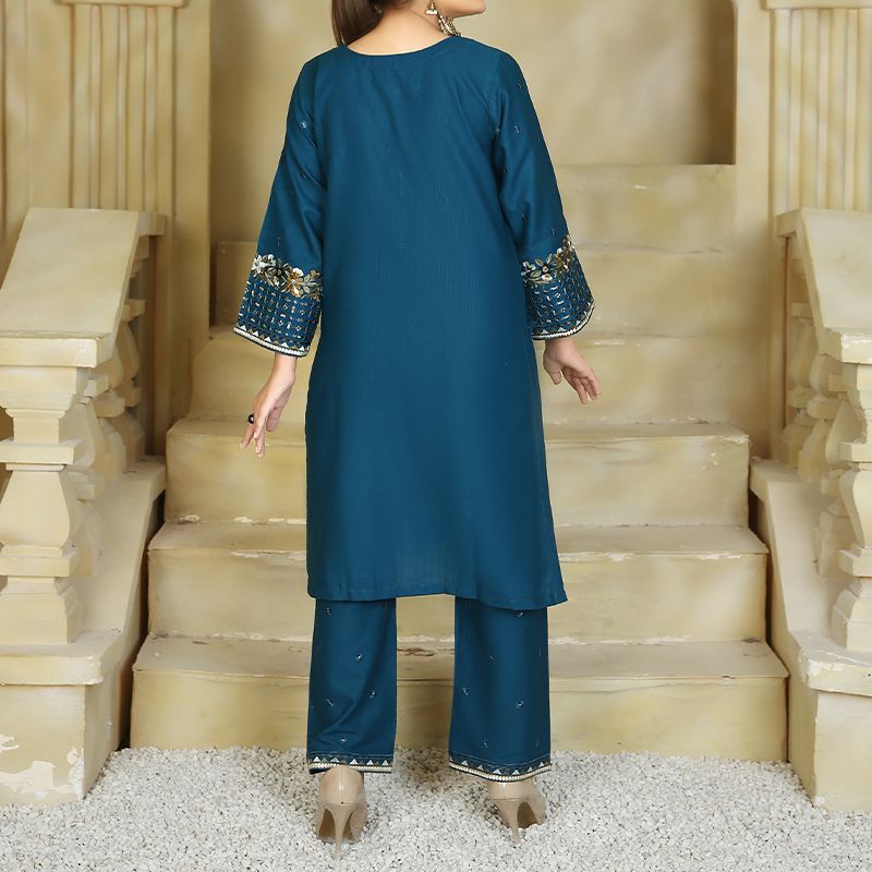2 Piece Kurti Salwar Embroidery Set - Pure Cotton Collection Stylish Solid Color Light Weight Cotton Fabric Suit Top Bottom Salwar Kameez Indian Pakistani Embroidered Suit For Event Party Outdoor Dress - Dark Blue - Shop N Save